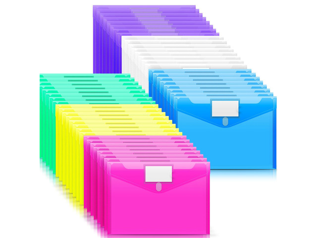 48 Pack File Folders, Clear Poly Envelopes Plastic Folders A4 Pouch Folder for Documents Letter A4 Size with Label Pocket, Teacher School Office...