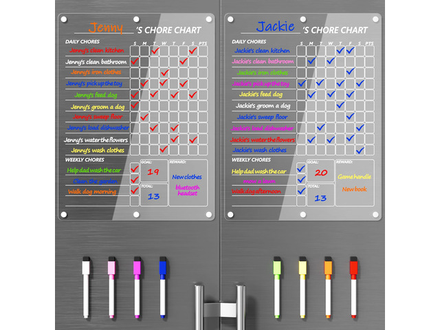 Acrylic Magnetic Chore Chart for 2 Kids, Clear Chores Chart for Fridge Refrigerator, Weekly Dry Erase Board for Multiple Kids Teens Adults, w/ 8...