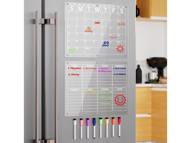 Acrylic Magnetic Dry Erase Board Calendar for Fridge, Clear Monthly and Weekly Planner Whiteboard for Refrigerator, w/ 8 Colors Markers, 15'x11'