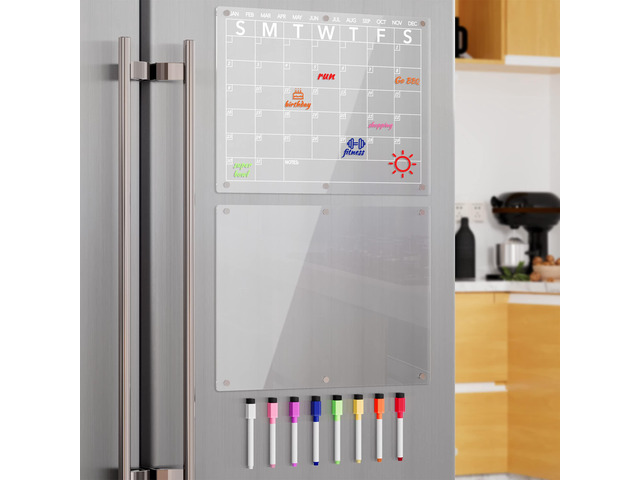 Acrylic Magnetic Dry Erase Board Calendar for Fridge, Clear Monthly Planner and Memo Whiteboard for Refrigerator, w/ 8 Colors Markers, 15 x 11