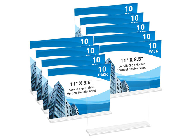 10 Pack Acrylic Sign Holder 11 x 8.5 Horizontal, Double-Sided Clear Sign Holder Plastic Stands for Display, T Shape Acrylic Table Sign Stands for...
