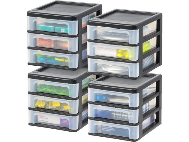 4-Pack, 3-Drawer Small Plastic Stacking Desktop Organizer, Black Keep dorm desks tidy with drawers for school supplies, makeup, chargers, snacks...