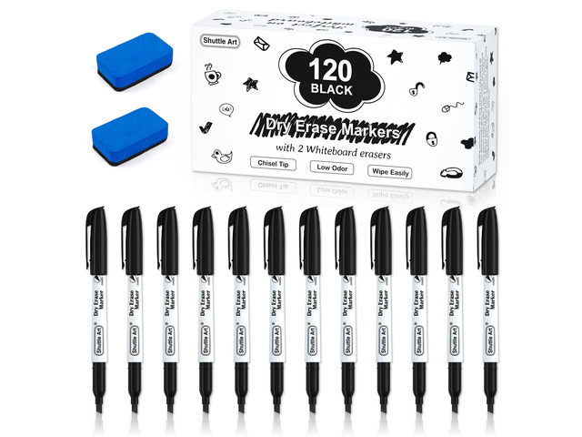 Dry Erase Markers, 120 Pack Black Whiteboard Markers with 2 Erasers,Chisel Tip Dry Erase Markers, Perfect For Writing on Whiteboards, Dry-Erase...