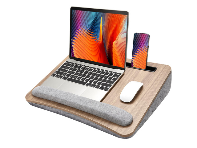 Laptop Lap Desk with Cushion, Fit up to 17' Laptops, Woodgrain Portable Lap Desk with Pillow Cushion, Anti-Slip Strip & Storage Function for Home...