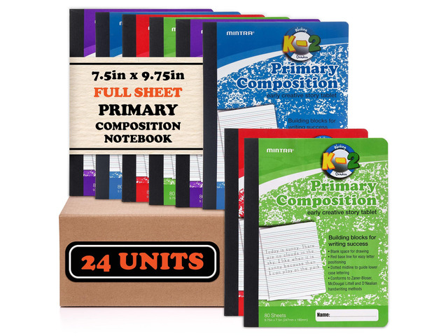 Primary Composition Notebook, 24 units 6-4 Pack, Assorted Colors, 80 Sheets, 7.5in x 9.75in, Full Sheet, Ruled with Drawing Area, Flexible...