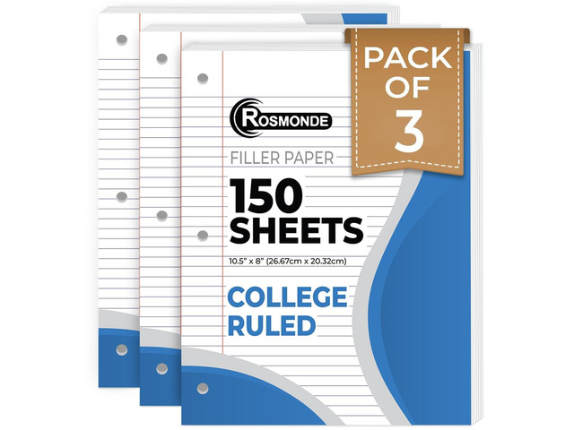 450 Sheets Loose Leaf Paper, 3 Pack, College Ruled Filler Paper Bulk Office Filler Paper, 8' x 10.5', 3 Hole Punched, 150 Sheets/Pack, College...