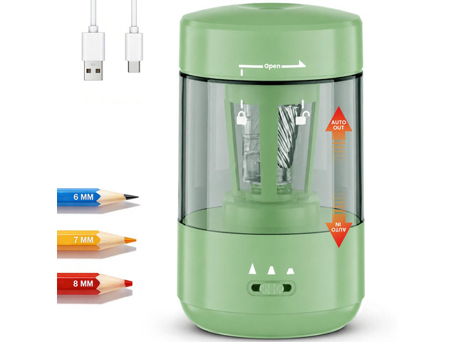 Electric Pencil Sharpener for Classroom, Fully Automatic, Green Type-C Rechargeable, Auto In/Out, 2000mAh Built-in Battery, Fast Sharpen, For 6-8mm...