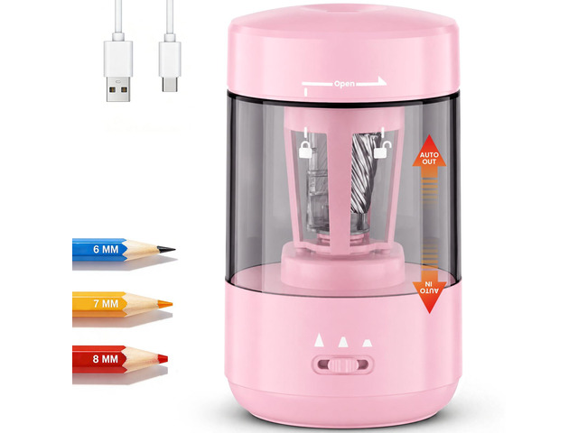 Electric Pencil Sharpener for Classroom, Fully Automatic, Light Pink Type-C Rechargeable, Auto In/Out, 2000mAh Built-in Battery, Fast Sharpen, For...