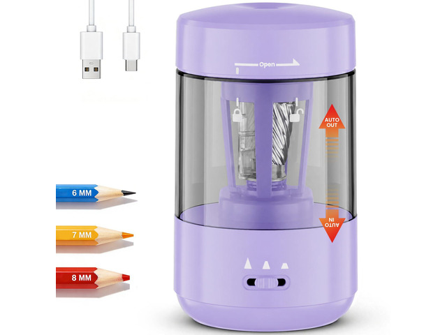 Electric Pencil Sharpener for Classroom, Fully Automatic, Purple Type-C Rechargeable, Auto In/Out, 2000mAh Built-in Battery, Fast Sharpen, For...