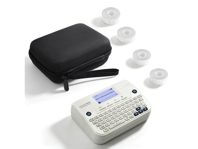 E12 Keyboard & Bluetooth Label Maker with 4 Tapes & Case, White Rechargeable, Backlit Display, App with 30+ Fonts & 660+ Icons, Minimal Margin,...