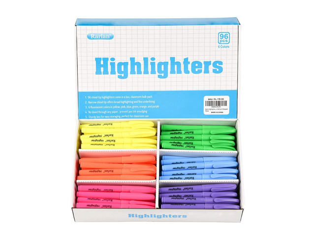 Highlighters, Chisel Tip, Assorted Fluorescent, 96 Count Bulk Pack Highlighters Assorted Colors for Classroom & Office, Study Essentials, Ideal for...