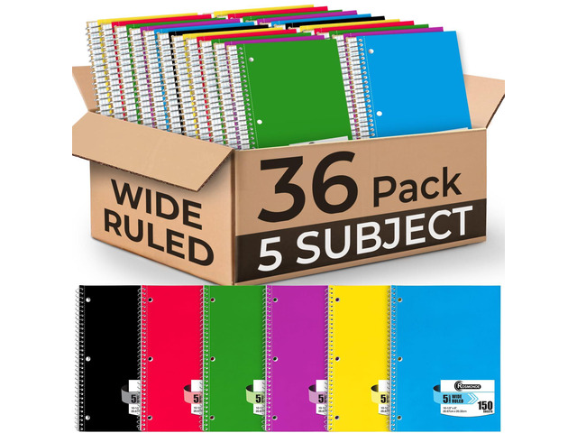 5 Subject Spiral Notebook, 36 Pack, Wide Ruled Bulk, 150 Sheets Thick Paper, 300 Pages, 8 x 10-1/2', Sturdy Spiral Bound Notebooks, 3 Hole Punched,...