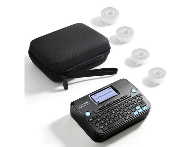 E12 Keyboard & Bluetooth Label Maker with 4 Tapes & Case, Black Rechargeable, Backlit Display, App with 30+ Fonts & 660+ Icons, Minimal Margin,...
