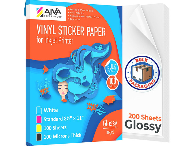 Printable Vinyl Sticker Paper - Waterproof Decal Paper for Inkjet Printer - 200 Self-Adhesive Sheets - Glossy White - Standard Letter Size 8.5'x11'