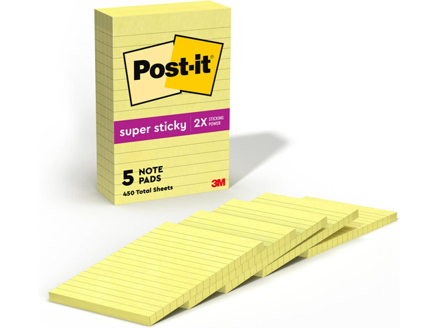Super Sticky Notes,4x6 in,5 Pads,2X The Sticking Power,Canary Yellow,Recyclable,(Pack of 8)