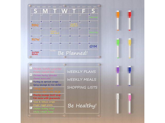Acrylic Magnetic Dry Erase Board Calendar for Fridge, Clear Monthly and Weekly Meal Planner Whiteboard Refrigerator, Menu Board for Kitchen, w/ 8...