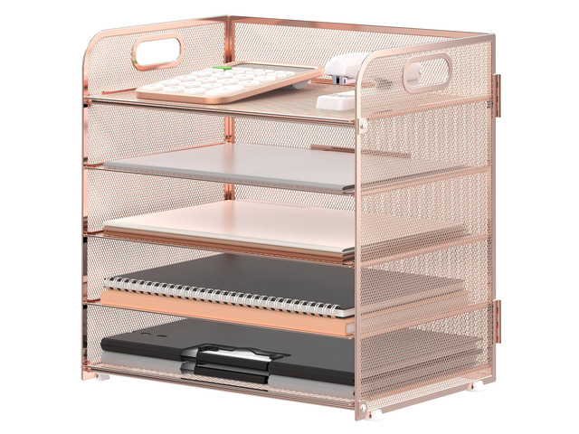 5 Trays Paper Organizer Letter Tray with Handle-Mesh Desk File Organizer, Paper Sorter Desk Organizer for Office, Home or School (Rose Gold)