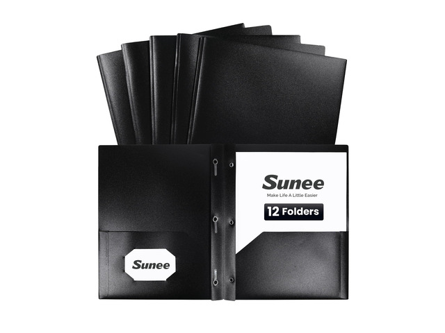 12-Pack Black Plastic Folders with Pockets and Prongs, Letter Size, 9 x 11.5 in