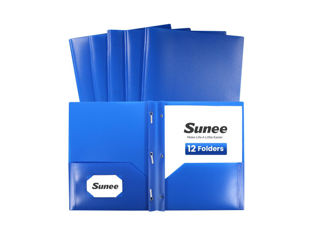 12-Pack Blue Plastic Folders with Pockets and Prongs, Letter Size, 9 x 11.5 in