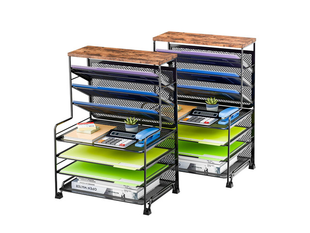 7 Tier Desk File Organizer, 2 Pack Letter Tray Paper Organizer, Mesh Desk Accessories File Folder for Office, Home or School, Black