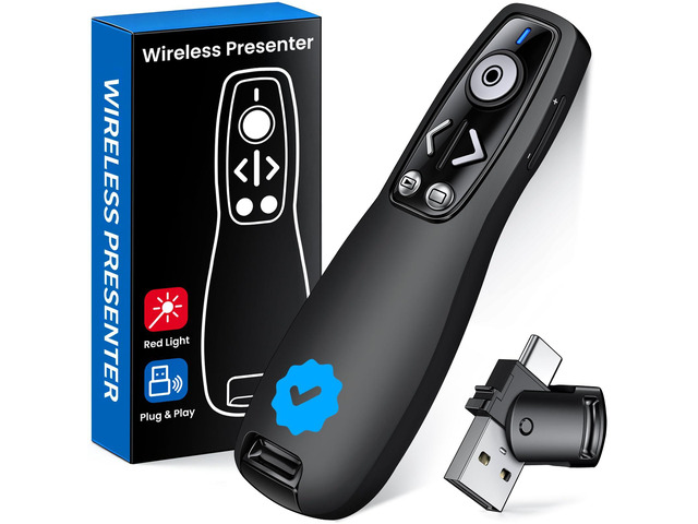 Wireless Presenter Clicker with Bluetooth & USB+Type-C Receiver, Red Laser Pointer, Powerpoint Clicker with Volume Control for...