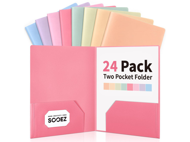 24 Pack File Folders with Pockets, Plastic 2 Pocket Folder, Pastels Tear-Resistant School Folders with Business Card Holder & Blank Label, Back to...