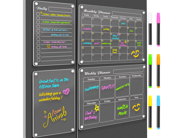 Magnetic Calendar, Fridge Magnets for Whiteboard 4 PCS Dry Erase Clear Monthly Weekly Daily Memo Acrylic Planning Boards Apartment Essentials for...
