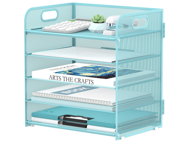 5 Trays Paper Organizer Letter Tray with Handle-Mesh Desk File Organizer, Paper Sorter Desk Organizer for Office, Home or School (Light Blue)