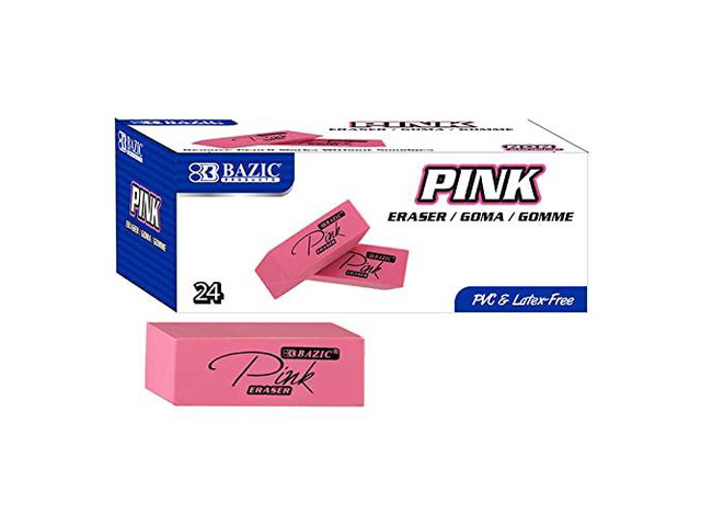 Pink Bevel Block Erasers, Latex-Free, PVC-Free, 24-Box soft latex-free rubber, pink beveled block erasers, Erases pencil and lead cleanly without...