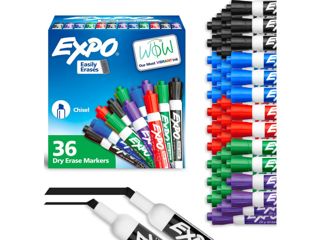 Dry Erase Markers, Low Odor Ink, Assorted Colors, Chisel Tip, 36 Count