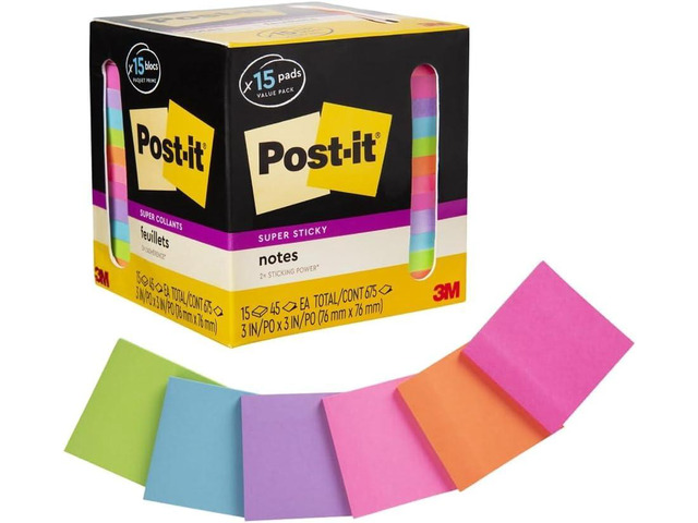 Super Sticky Notes, Assorted Bright Colors, 3x3 in, 15 Count, 45 Sheets/Pad, 2X The Sticking Power, Recyclable, Multi-Color (Pack of 6)