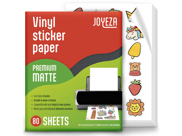 Premium Printable Vinyl Sticker Paper for Inkjet Printer - 80 Sheets Matte White Waterproof, Dries Quickly Vivid Colors, Holds Ink Well- Tear...