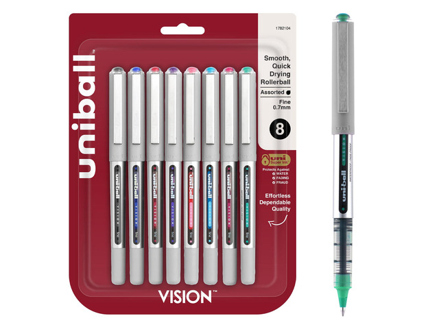 uniball Vision Rollerball Pens, Fine Point (0.7mm), Assorted Colors, 8 Pack