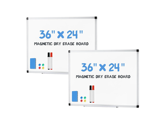 Magnetic White Board Kit Set of 2, 36' x 24' Dry Erase Board with 1 Dry Eraser & 2 Multicolor Markers & 4 Magnetic Pins, Silver Reinforced Aluminum...