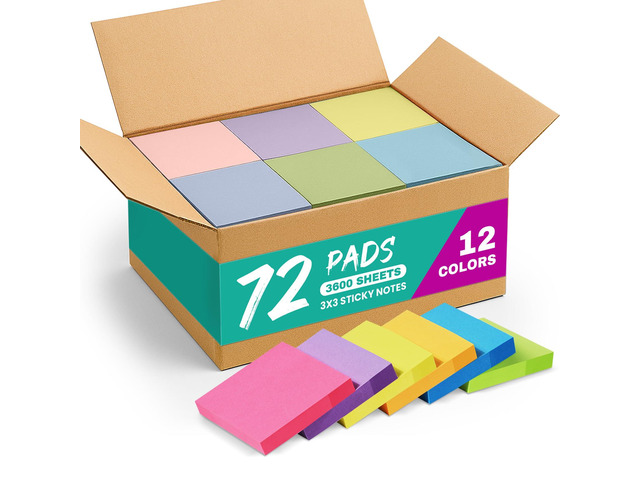 72 Pads Sticky Notes, 3x3 Inches, 12 Bright Colors, 50 Sheets/Pad Bulk Self-Stick Note Pads for Office, Study, and Daily Organization, Sticky Notes...