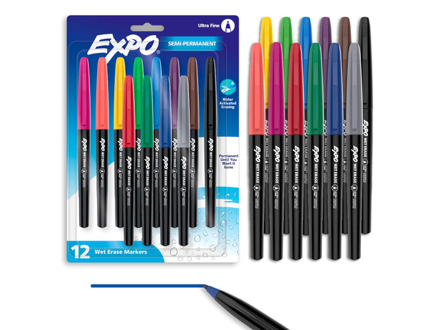 Wet Erase Markers, Semi-Permanent, Assorted Colors, Ultra Fine Tip, 12 Count - For Writing on Glass, Whiteboards, Mirrors, Calendar, Labeling,...