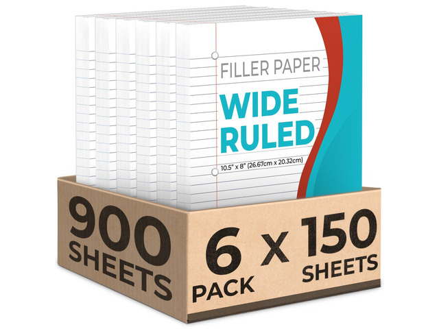 900 Sheets Loose Leaf Paper, 6 Pack, Wide Ruled Filler Paper Bulk Office Filler Paper, 8' x 10.5', 3 Hole Punched, 150 Sheets/Pack, Wide Ruled...