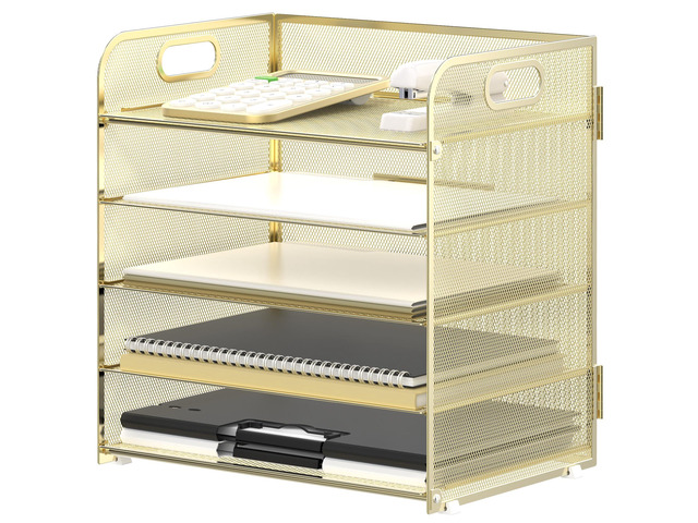 5 Trays Paper Organizer Letter Tray with Handle-Mesh Desk File Organizer, Paper Sorter Desk Organizer for Office, Home or School (Golden)