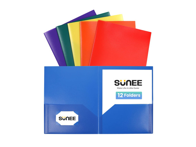 2 Pocket Folder (12 Pack, Assorted Colors) Heavy Duty Plastic Folders with Pockets Fit Letter-Size Papers, Two-Pocket Poly Folders Bulk for School,...