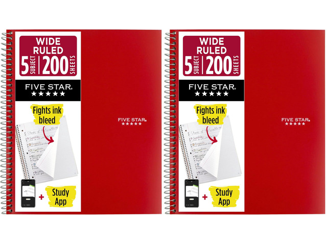 Spiral Notebook + Study App, 5 Subject, Wide Ruled Paper, Fights Ink Bleed, Water Resistant Cover, 8' x 10-1/2', 200 Sheets, Fire Red (72041) (Pack...