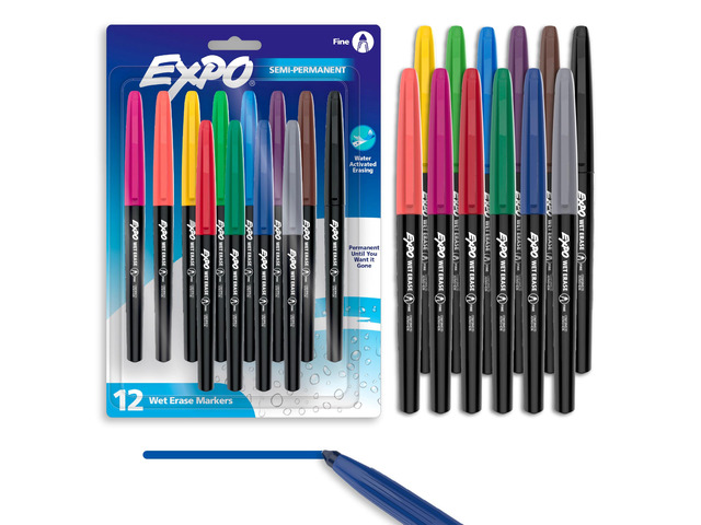 Wet Erase Markers, Semi-Permanent, Assorted Colors, Fine Tip, 12 Count - For Writing on Glass, Whiteboards, Mirrors, Calendar, Labeling, Organizing