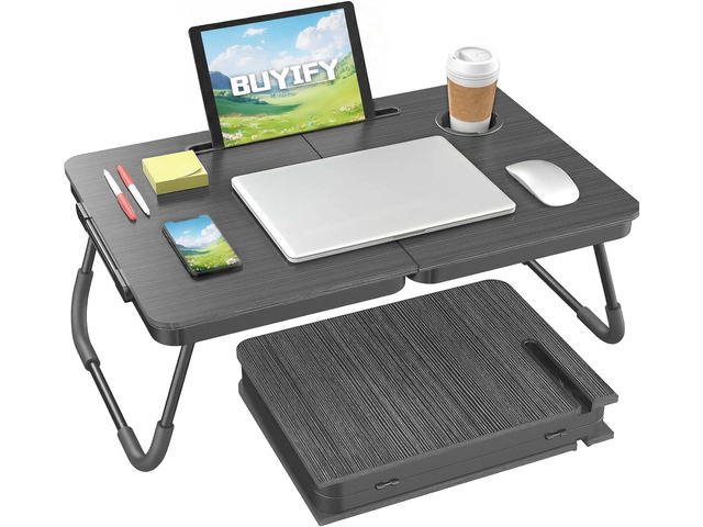 23.4' Foldable Lap Desk Bed Table with Cup Holder Tray Charcoal Portable Folds Flat for Easy Storage, No Assembly Laptop Bed Desk, Sturdy and...