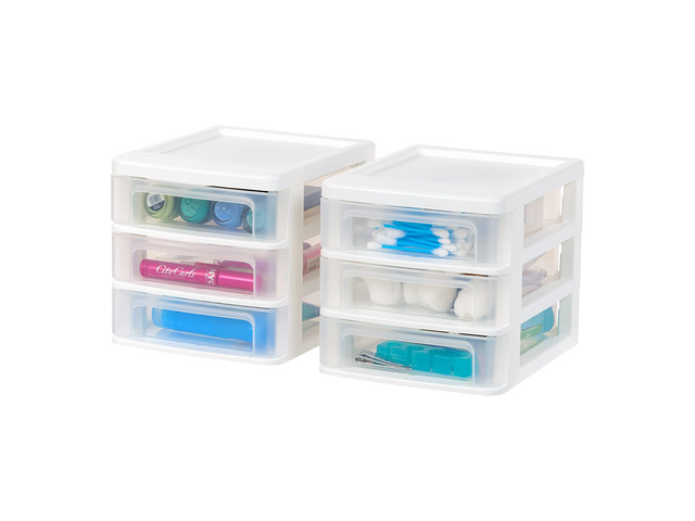 2-Pack, 3-Drawer Small Plastic Stacking Desktop Organizer, White Keep dorm desks tidy with drawers for school supplies, makeup, chargers, snacks...