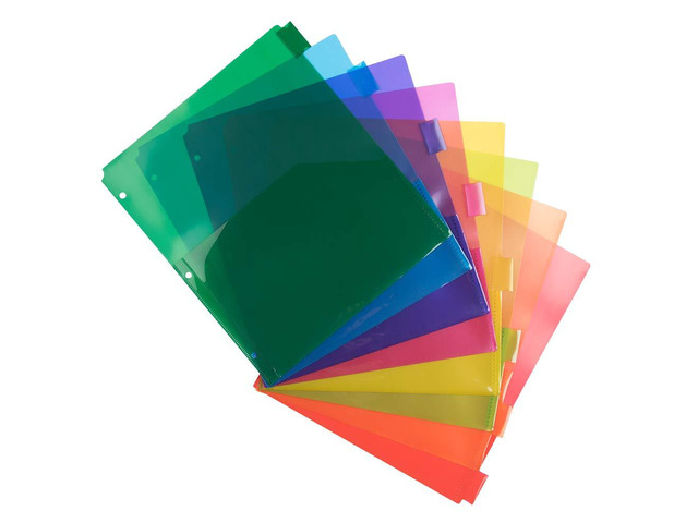 Plastic Index 8-Tab Dividers w/Double Pockets - 9 3/4 x 11 1/2 - Assorted Multi-Color - 6 Packs of 8 Tabs/Set
