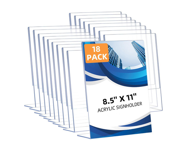 18 Pack Acrylic Sign Holder 8.5 x 11, Clear Plastic Display Stands for Tabletop, L-Shape Acrylic Stands for Flyers, Documents, Office, Restaurants,...