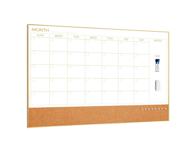 Large Dry Erase Calendar with Cork for Wall 48'x 30' Magnetic Calendar Whiteboard with Gold Frame, Monthly Combination Board for School, Home, Office
