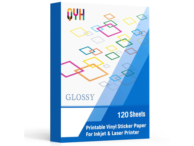 Glossy Printable Vinyl Sticker Paper, 120 Sheets Waterproof White Bulk for Inkjet & Laser Printers, Compatible with Cricut, 8.5' x 11' Fast Dry...