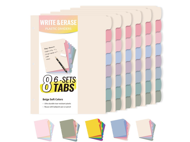 8 Tabs Plastic Write & Erase Binder Dividers with Tabs, 6 Sets Long-Lasting Dividers for 3 Ring Binder, Cute Pastels Binder Dividers Organizers for...