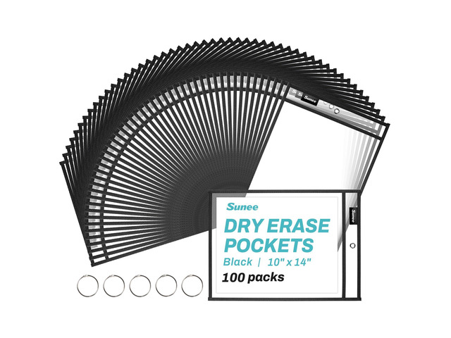 100 Packs Oversized Reusable Dry Erase Pocket Sleeves with 5 Rings, Black 10x14 Ticket Holders, Clear Plastic Sheet Protectors, Teacher School...