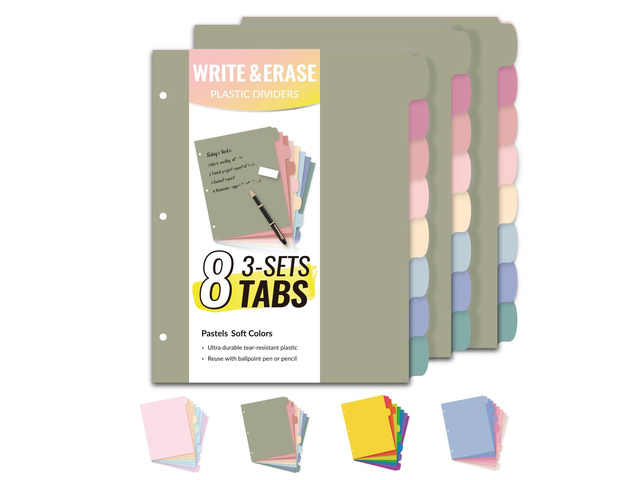 8 Tabs Plastic Write & Erase Binder Dividers with Tabs, 3 Sets Long-Lasting Dividers for 3 Ring Binder, Cute Pastels Binder Dividers Organizers for...